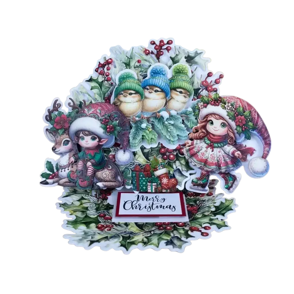 A festive christmas metal cutting die and stamp set featuring winter attire characters with holly and berries details