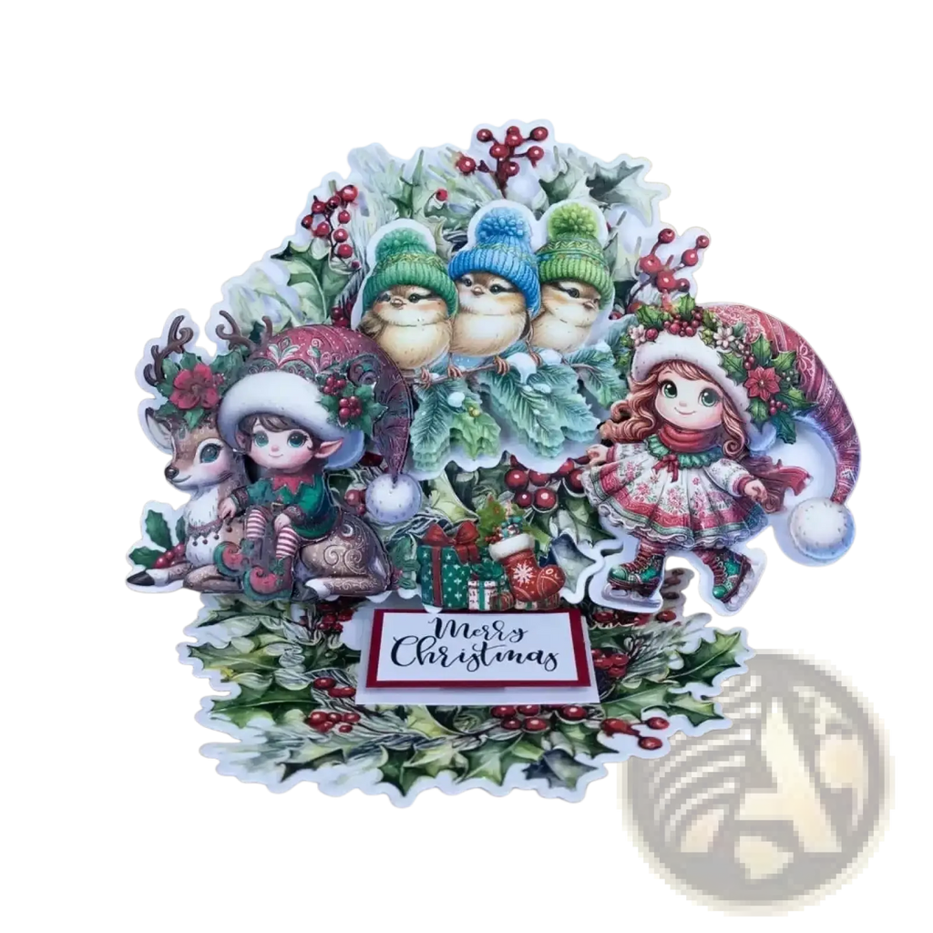 A festive christmas metal cutting die and stamp set featuring winter attire characters with holly and berries details