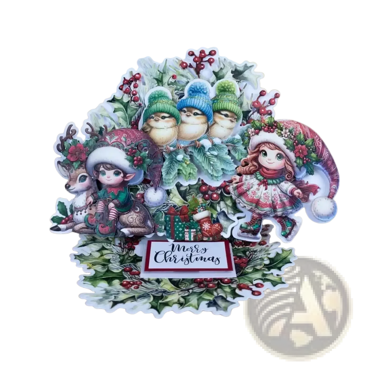 A festive christmas metal cutting die and stamp set featuring winter attire characters with holly and berries details