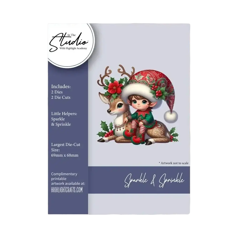 Christmas metal cutting die and stamp set featuring a festive elf in green and red sitting beside a holly-decorated reindeer
