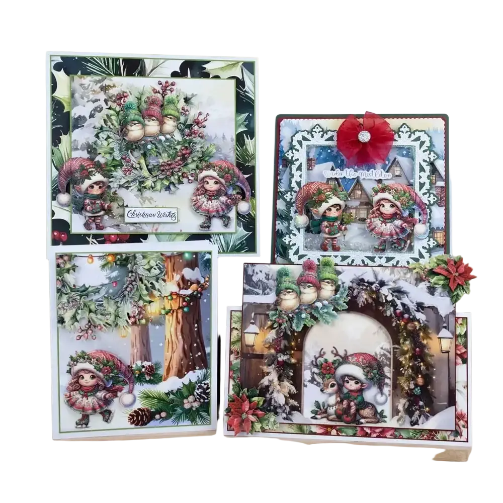 Set of four christmas metal cutting die and stamp cards featuring illustrated elves in winter attire with red and green decorations