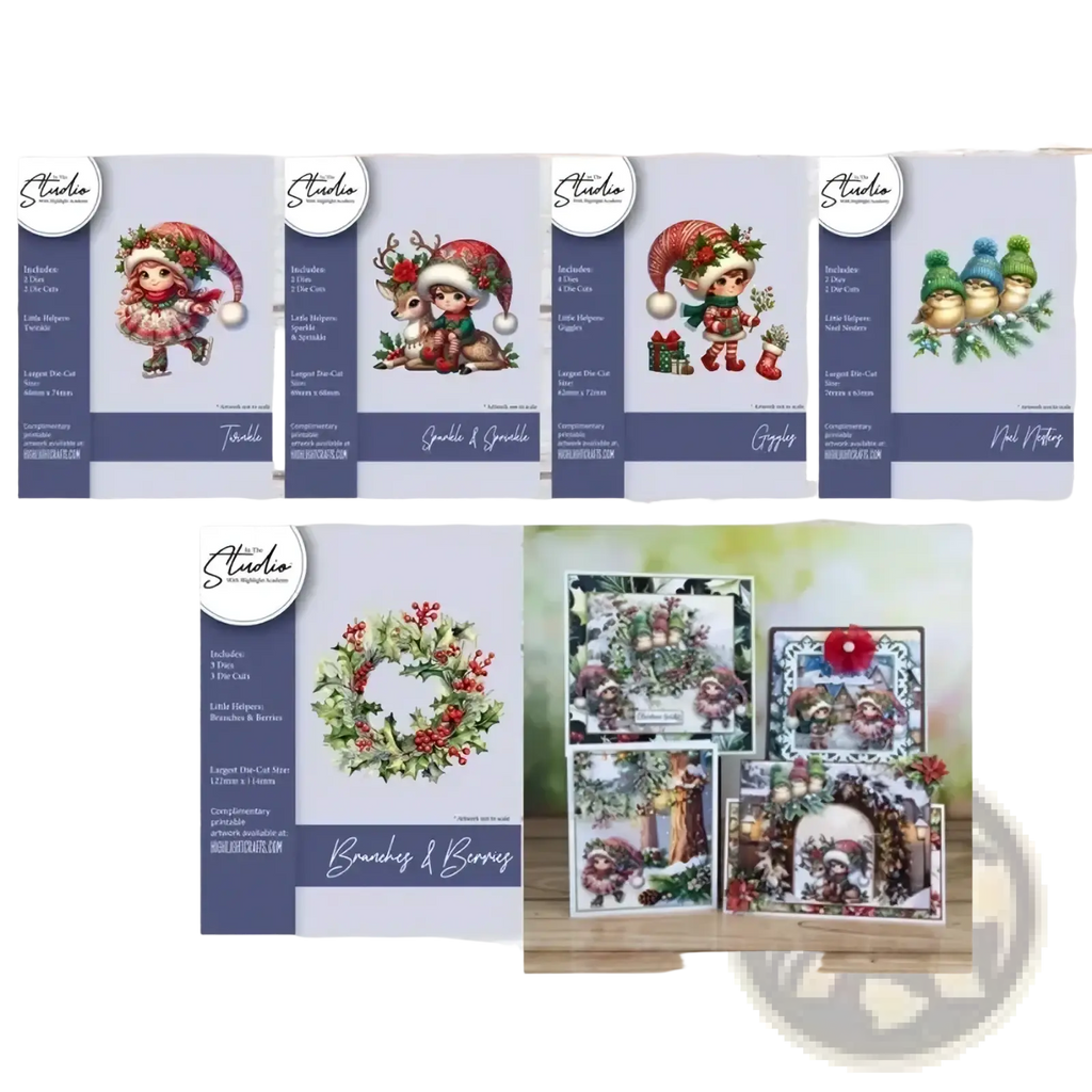 Christmas metal cutting die and stamp set featuring paper-based festive elves reindeer and wreaths in red green and white