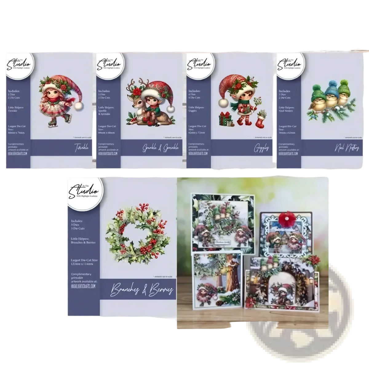 Christmas metal cutting die and stamp set featuring paper-based festive elves reindeer and wreaths in red green and white