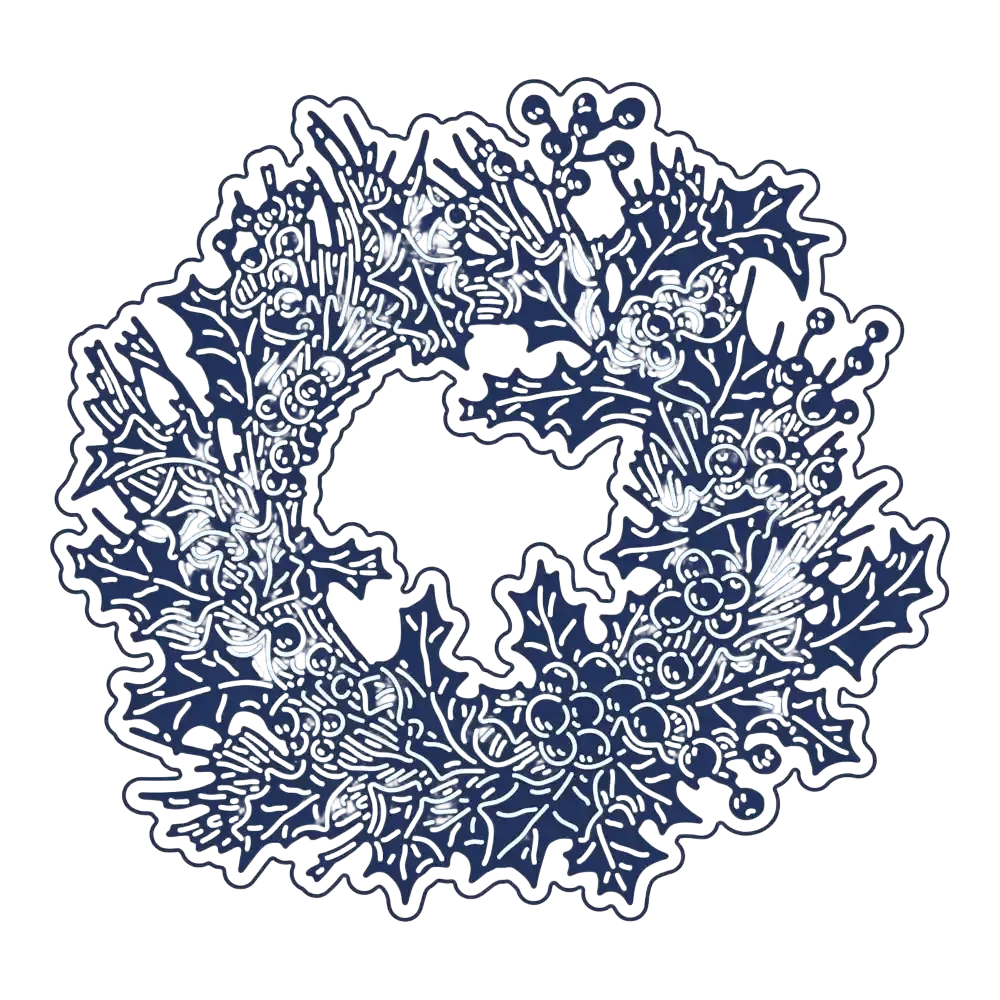 Christmas metal cutting die and stamp set featuring a navy blue intricately detailed holiday wreath with holly leaves and berries outlined in white