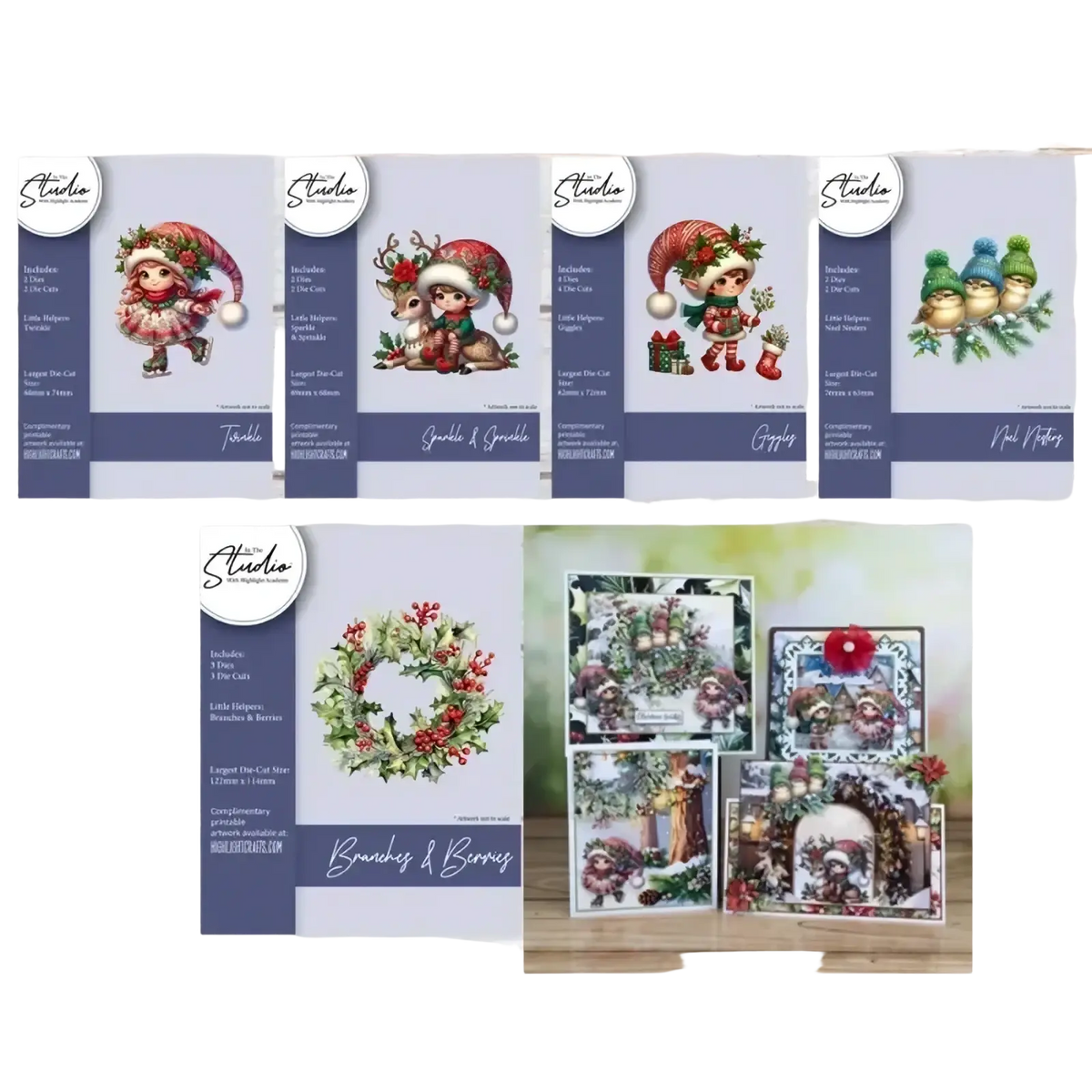 Christmas metal cutting die and stamp set featuring paper-based festive elves reindeer and wreaths in red green and white