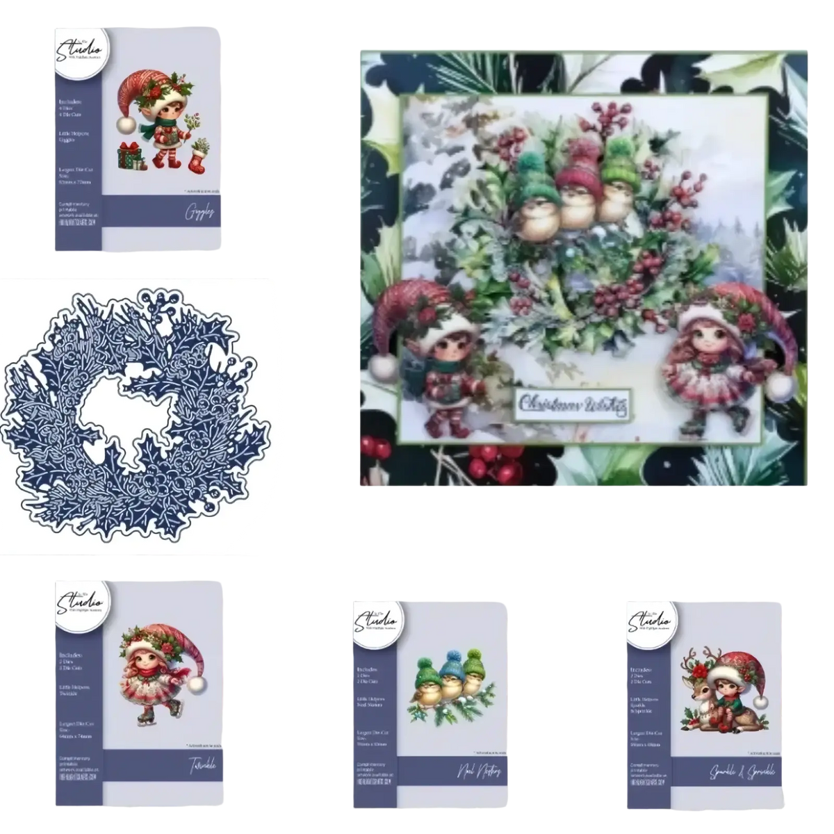 Christmas metal cutting die and stamp set showing an intricate blue metal die-cut wreath with Christmas theme