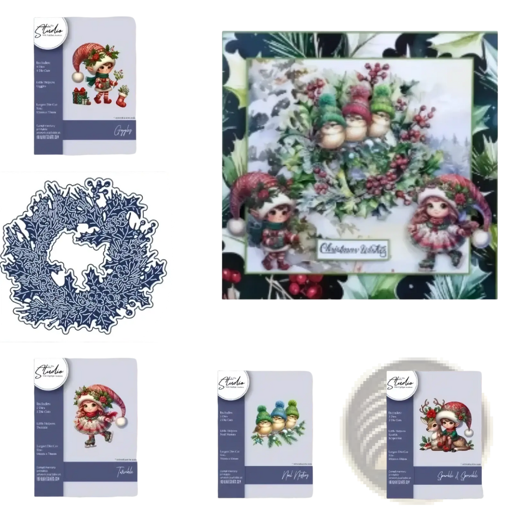 Christmas metal cutting die and stamp set showing an intricate blue metal die-cut wreath with Christmas theme