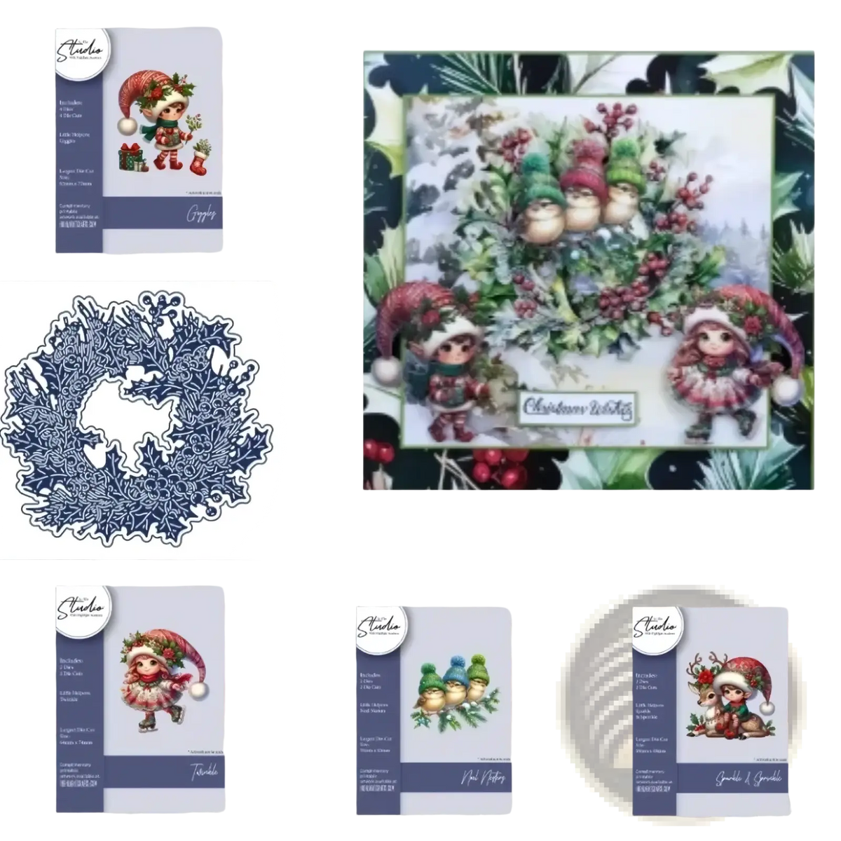 Christmas metal cutting die and stamp set showing an intricate blue metal die-cut wreath with Christmas theme