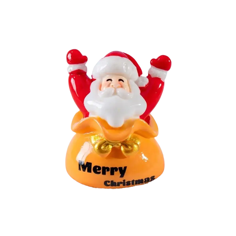 A cheerful red and white christmas miniature resin santa claus figurine with gold bow on orange merry christmas base