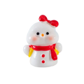 A white ceramic christmas miniature snowman figurine with glossy finish, red scarf, and ribbon bow