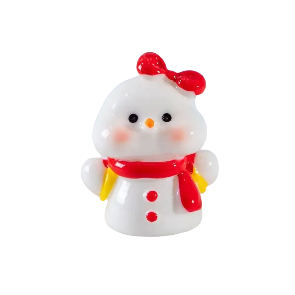A white ceramic christmas miniature snowman figurine with glossy finish, red scarf, and ribbon bow