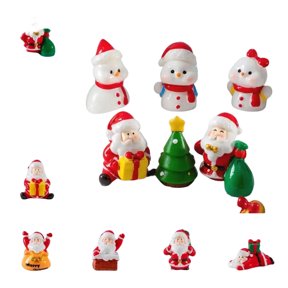 Christmas miniature resin Santa Claus figurines in red and white with detailed faces black boots and holiday accessories