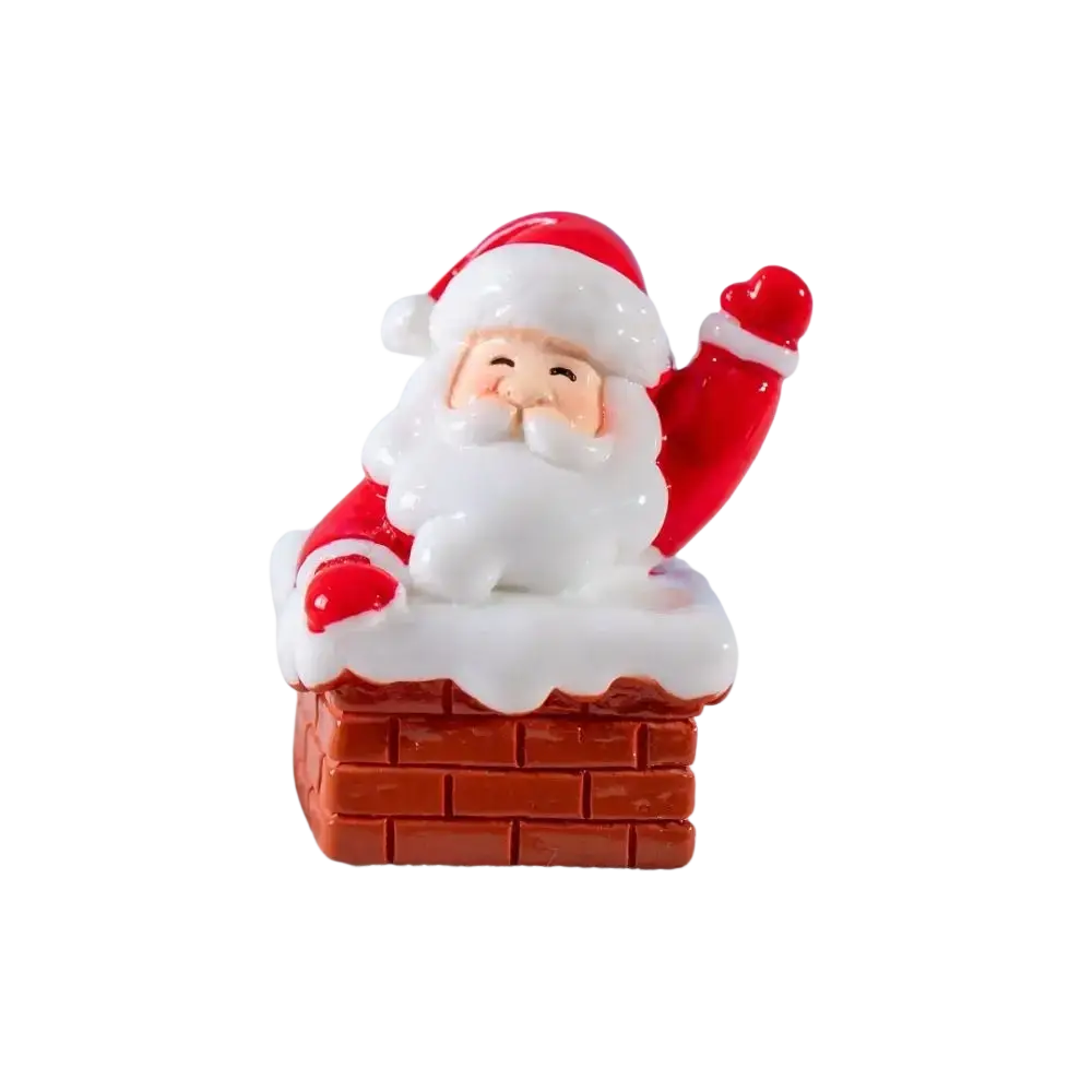 Red and white plastic resin christmas miniature santa claus figurine sitting atop a miniature brick chimney