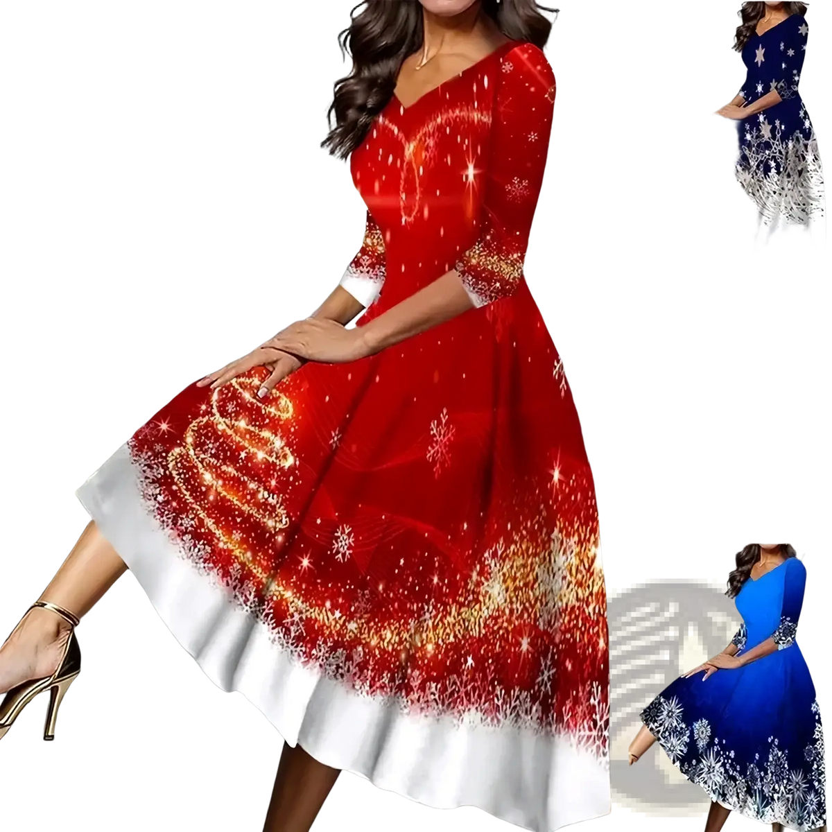 Red christmas party dress midi with v-neck, three-quarter sleeves, and festive snowflake print on white hem