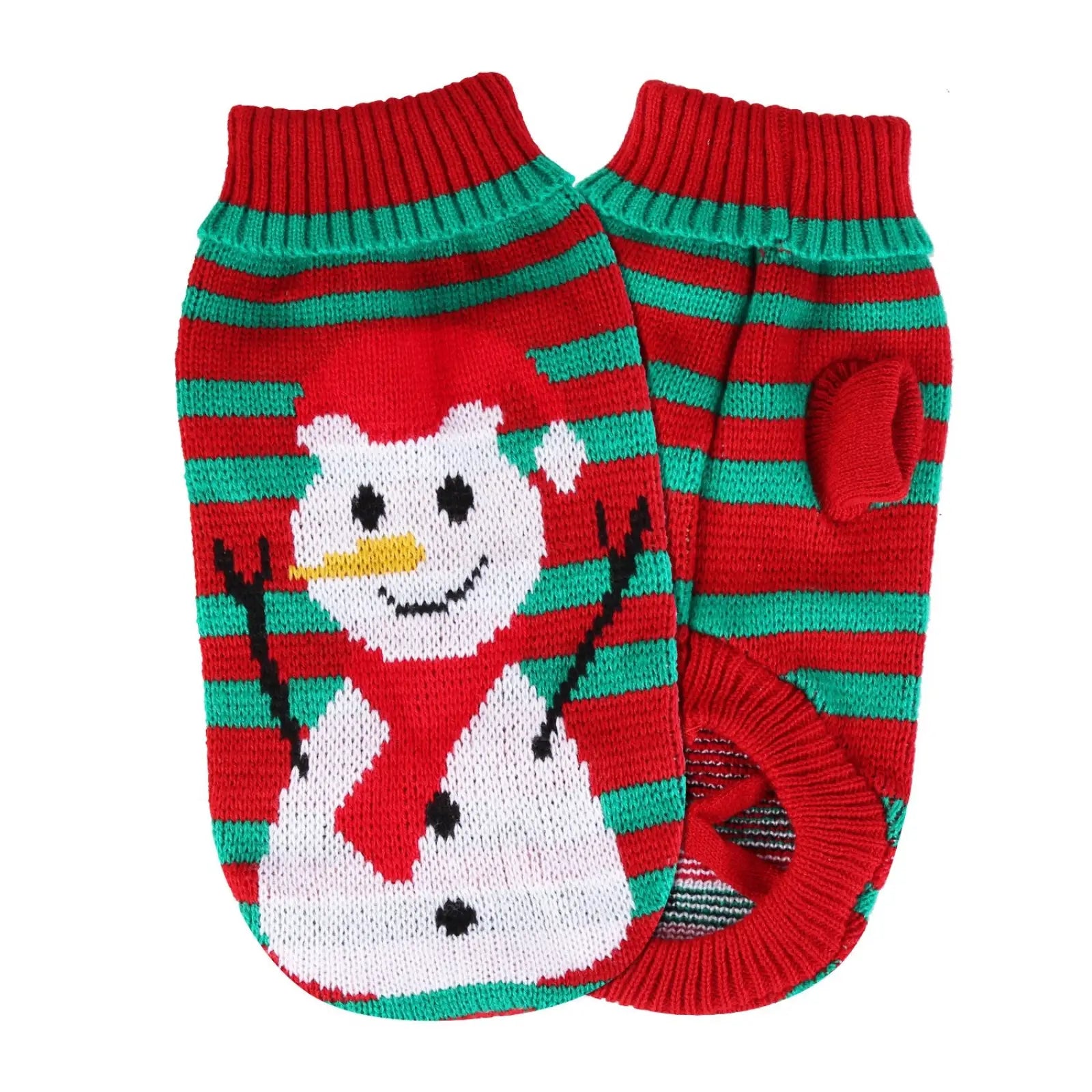Red and green striped knitted dog socks with a white snowman for Christmas pet sweater holiday dog and cat clothes