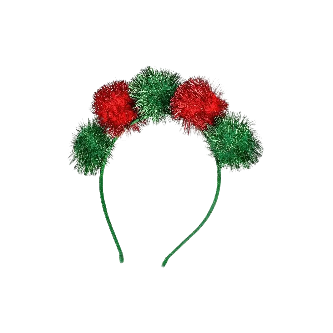 Christmas pom pom headband featuring alternating red and green glittery pom-poms festive holiday accessory