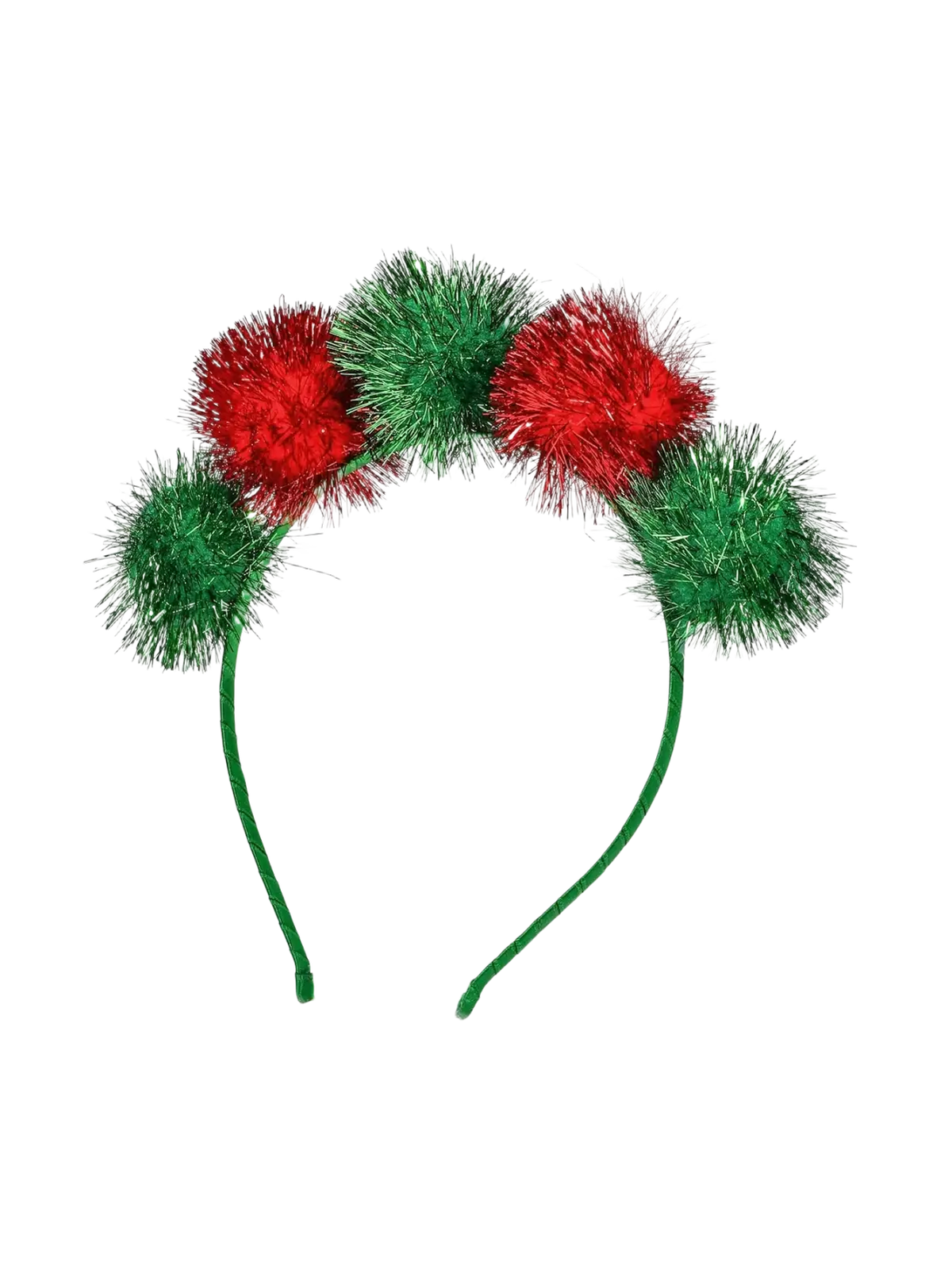 Christmas pom pom headband with alternating red and green glittery pom-poms festive holiday hair accessory