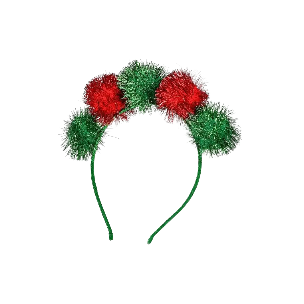 Christmas pom pom headband festive holiday hair accessory with red and green glittery pom poms