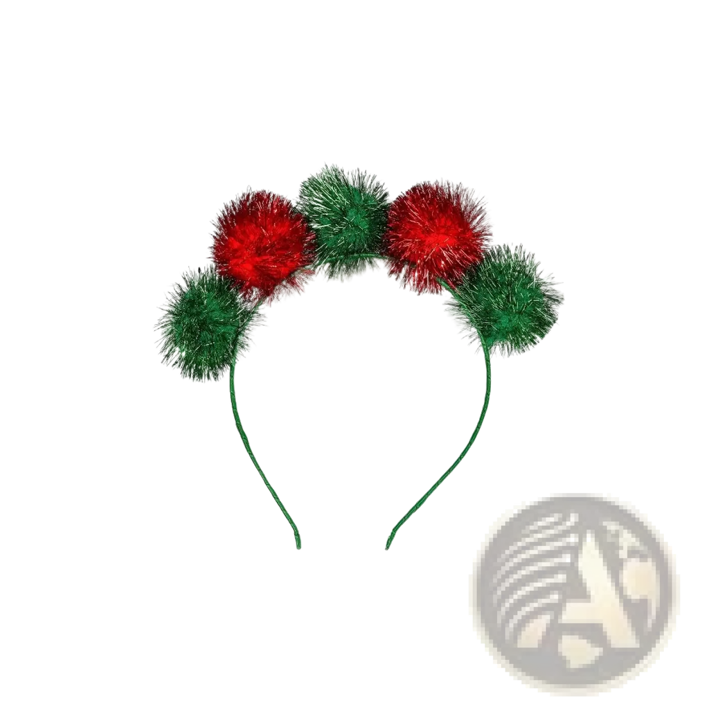 Christmas pom pom headband featuring alternating red and green glittery pom-poms festive holiday hair accessory