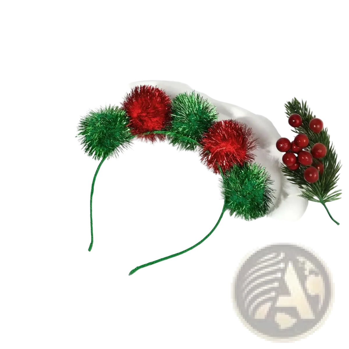 Christmas pom pom headband with shiny red and green pom-poms and decorative pine branch with red berries festive holiday accessory