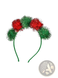 Christmas pom pom headband with alternating red and green glittery pom-poms festive holiday hair accessory