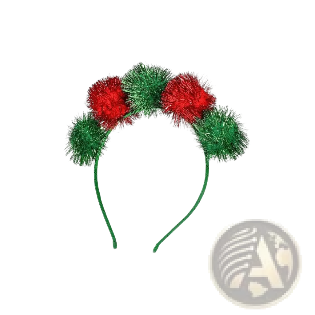 Christmas pom pom headband featuring alternating red and green glittery pom-poms festive holiday accessory
