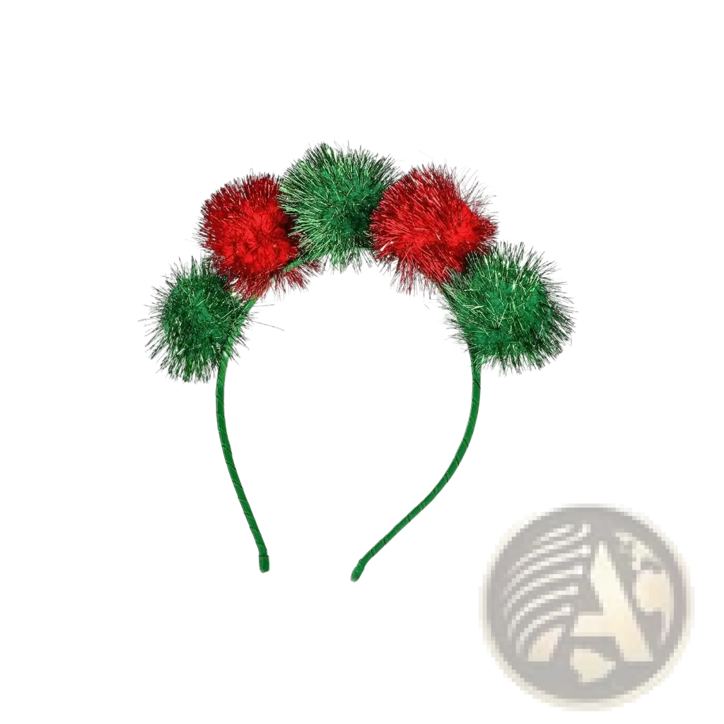 Christmas pom pom headband festive holiday hair accessory with red and green glittery pom poms