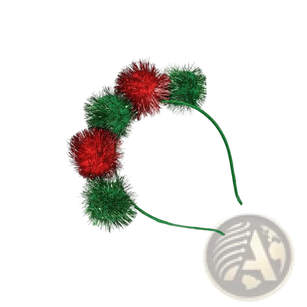 A festive christmas pom pom headband with alternating red and green glittery pom poms for holiday wear