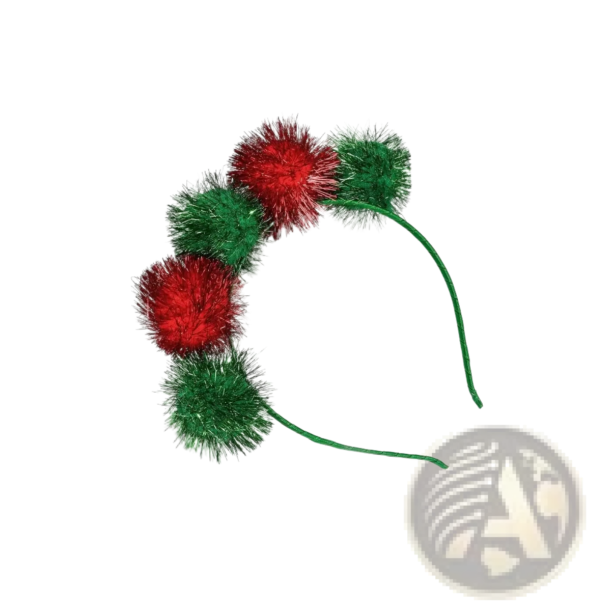 A festive christmas pom pom headband with alternating red and green glittery pom poms for holiday wear