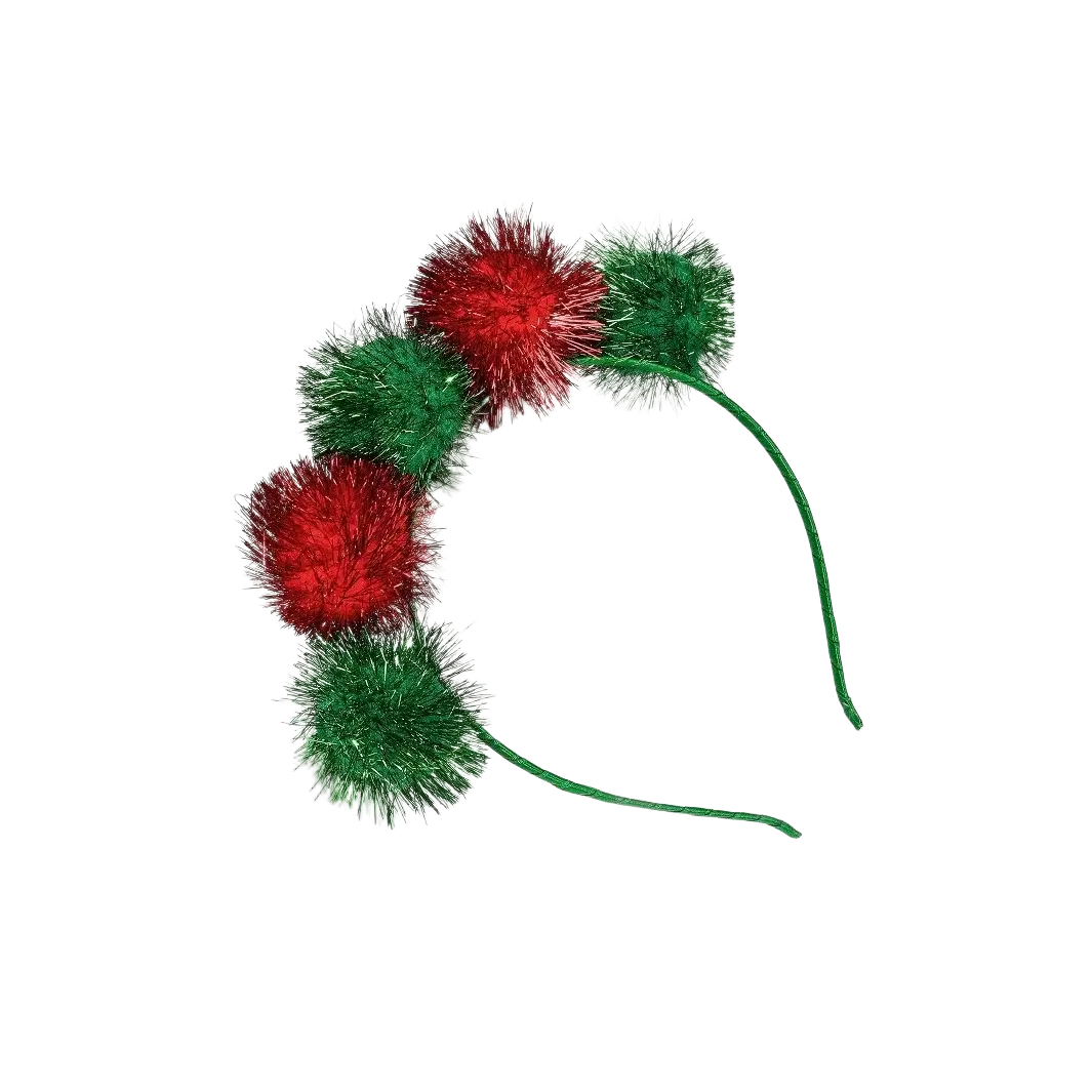 A festive christmas pom pom headband with alternating red and green glittery pom poms for holiday wear