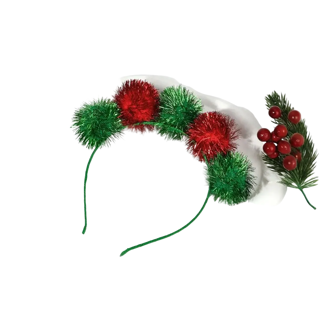 Christmas pom pom headband with shiny red and green pom-poms and decorative pine branch with red berries festive holiday accessory