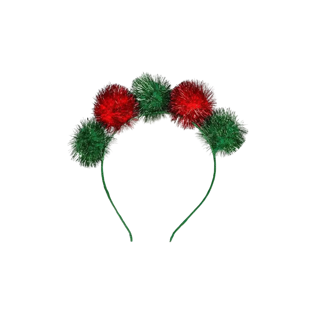 Christmas pom pom headband featuring alternating red and green glittery pom-poms festive holiday hair accessory
