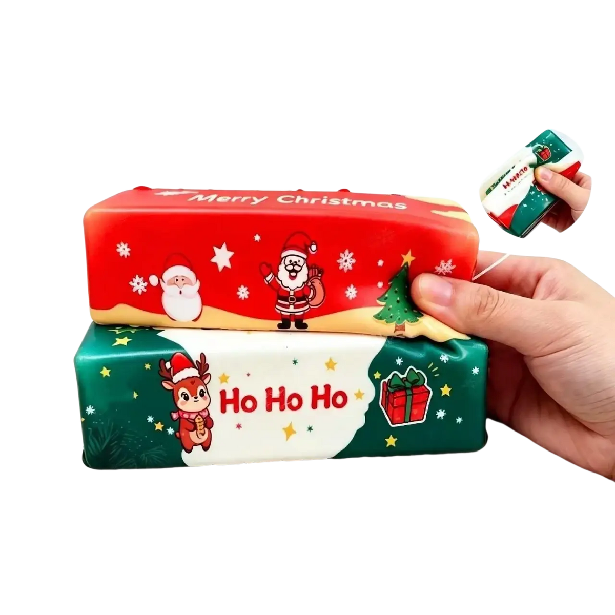 Red and green christmas tissue box covers featuring cartoon santa reindeer and gift designs for festive decor