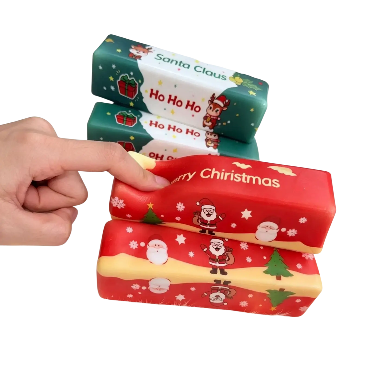 Red and yellow christmas santa squishy slow rising stress relief toy with santa reindeer and snowflake designs