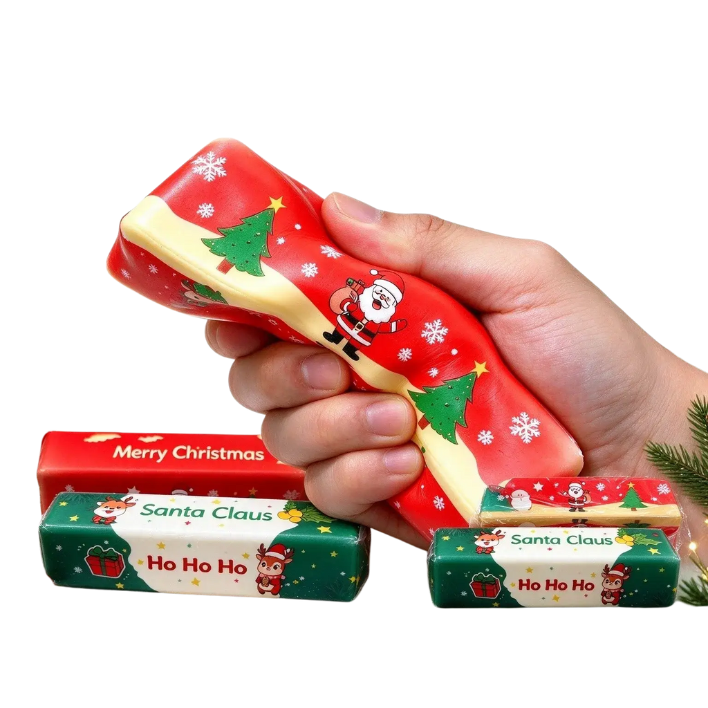 Red and yellow christmas santa squishy slow rising stress relief toy with santa claus and snowflake designs
