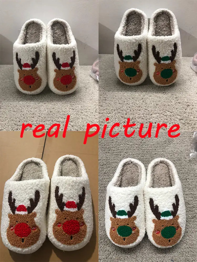 White fluffy reindeer plush christmas slippers with cozy faux fur featuring embroidered red-nosed faces and tiny hat antlers