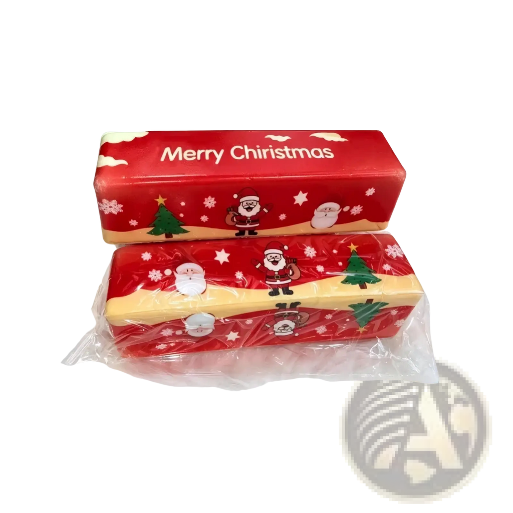Christmas slow rebound butter bar squishy toy wrapped in red and yellow festive paper with santa claus and snowflakes
