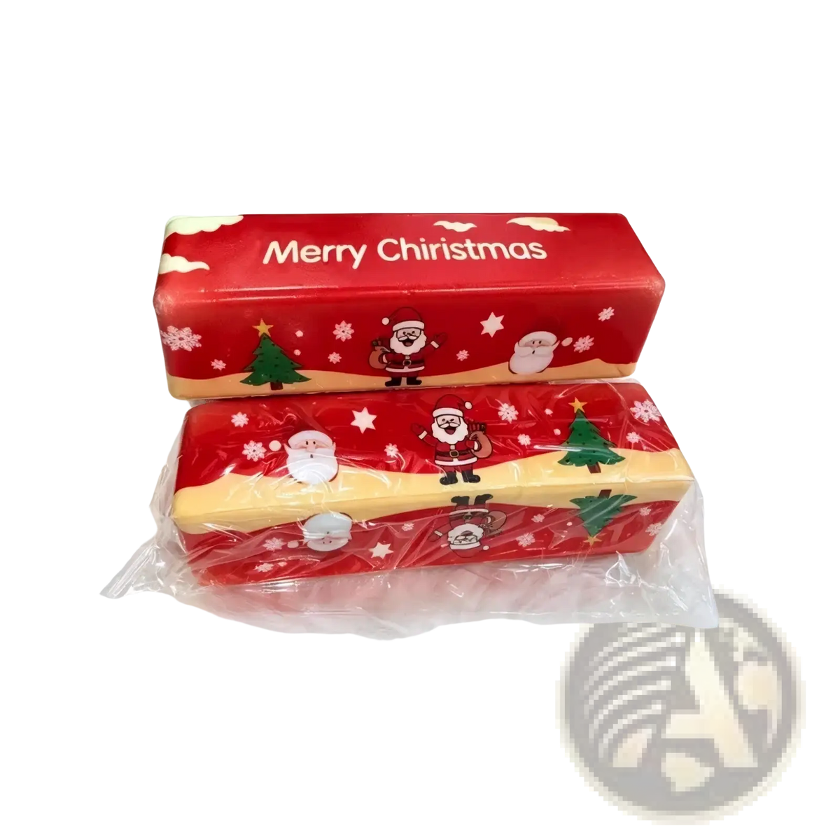 Christmas slow rebound butter bar squishy toy wrapped in red and yellow festive paper with santa claus and snowflakes