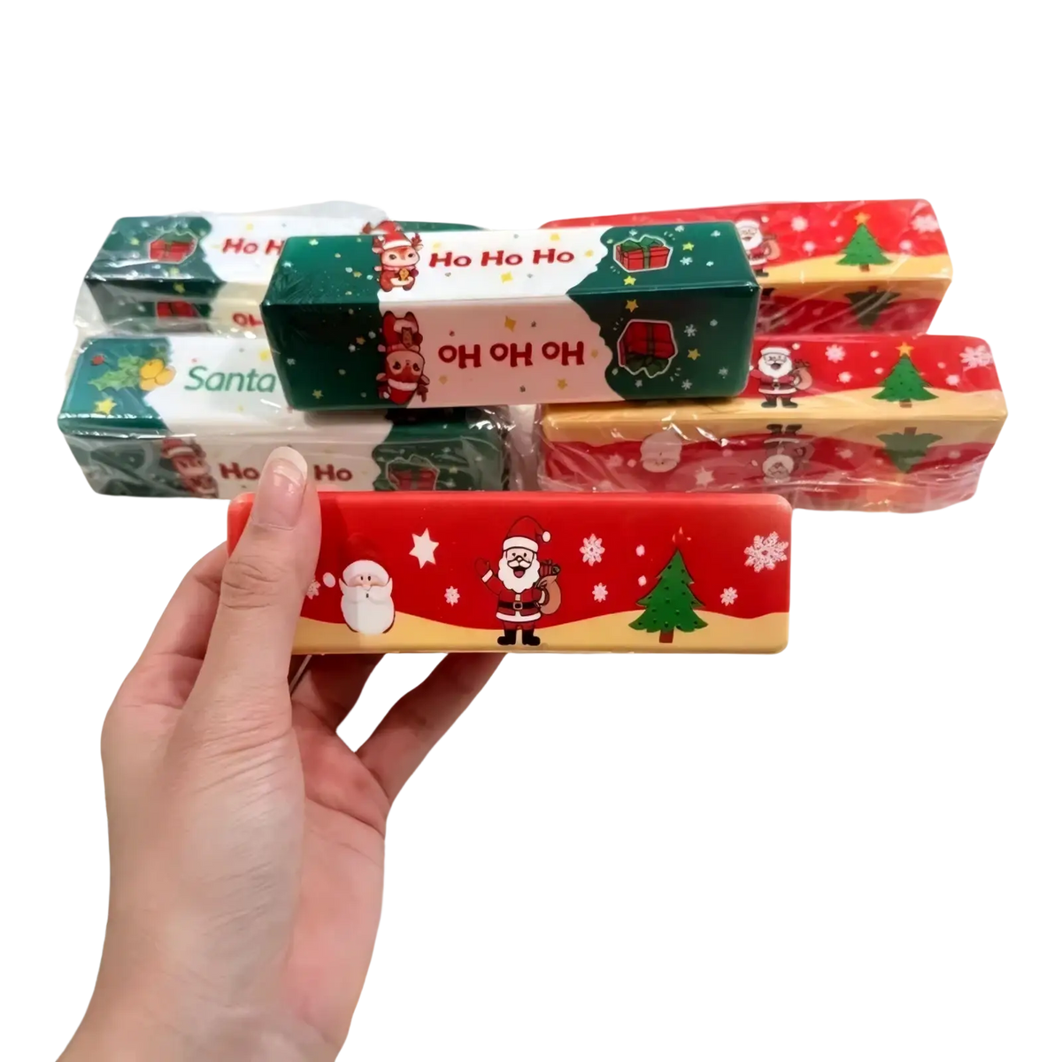 Red and gold christmas slow rebound butter bar squishy toy with santa snowflakes and trees printed design