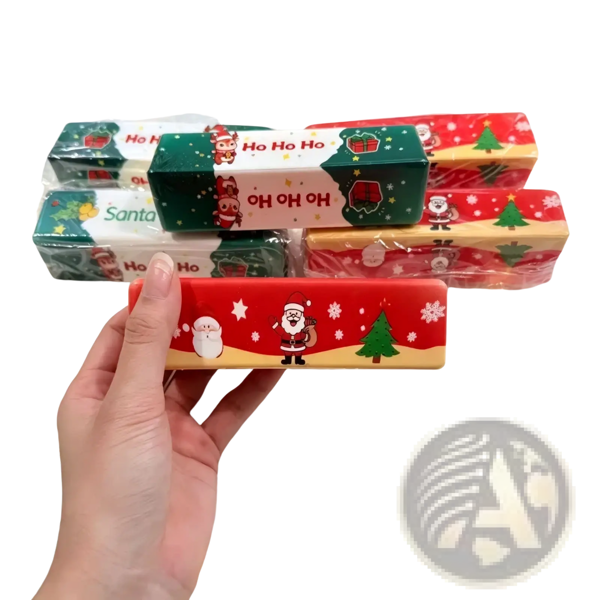 Red and gold christmas slow rebound butter bar squishy toy with santa snowflakes and trees printed design