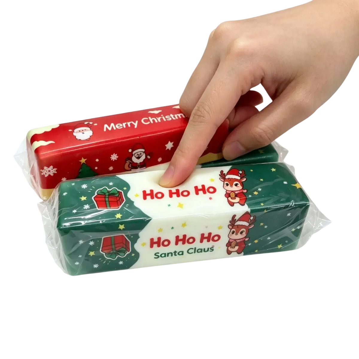 Red and green christmas-themed slow rebound butter bar squishy toy tissue boxes with festive cartoon designs