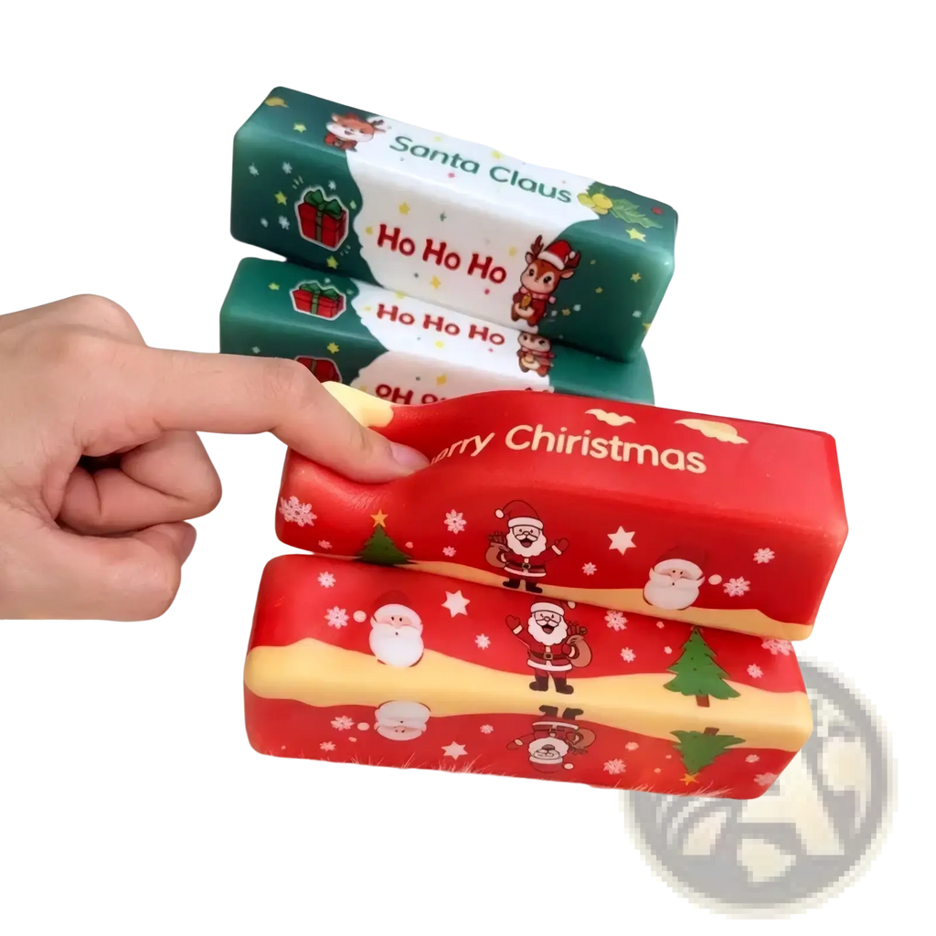 Red and yellow christmas slow rebound butter bar squishy toy with santa claus reindeer and snowflake designs