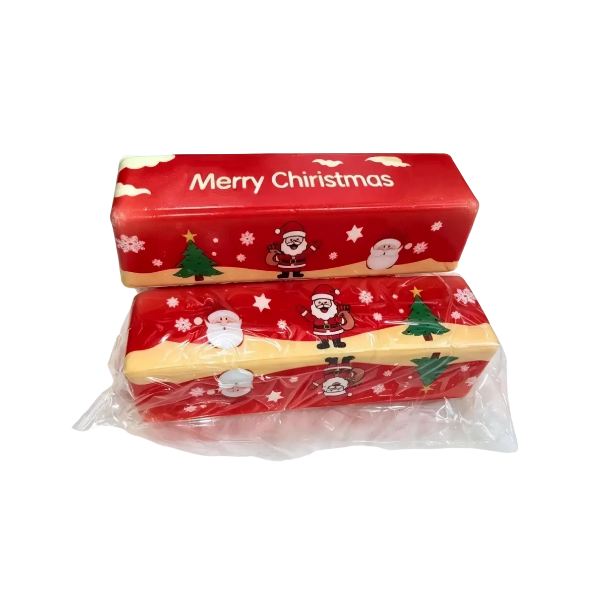 Christmas slow rebound butter bar squishy toy wrapped in red and yellow festive paper with santa claus and snowflakes
