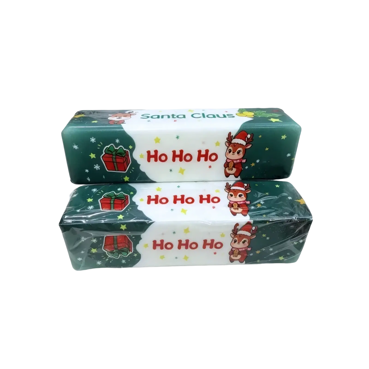 Two festive green and white christmas slow rebound butter bar squishy toys with reindeer and ho ho ho text