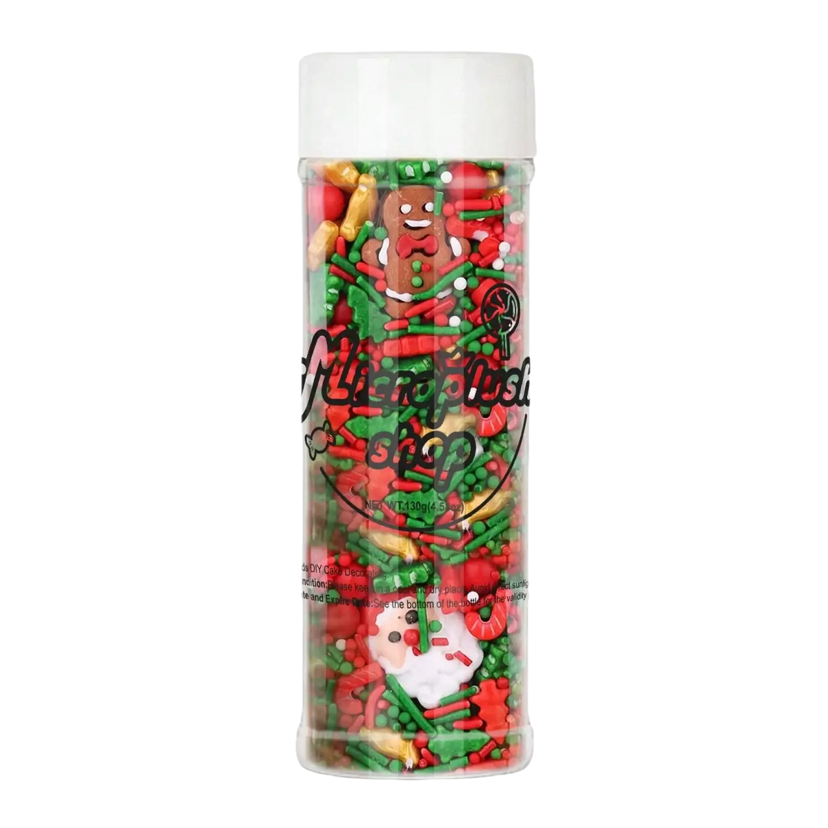 A festive holiday sprinkle jar filled with red green and gold christmas-themed decorations for baking
