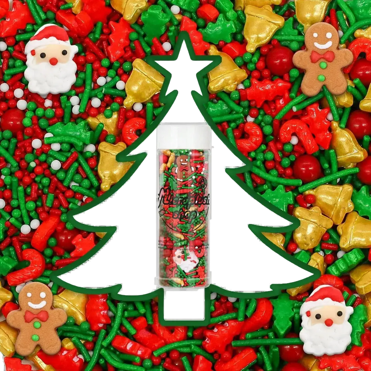 A festive christmas sprinkles mix jar with colorful red green and gold holiday baking decorations