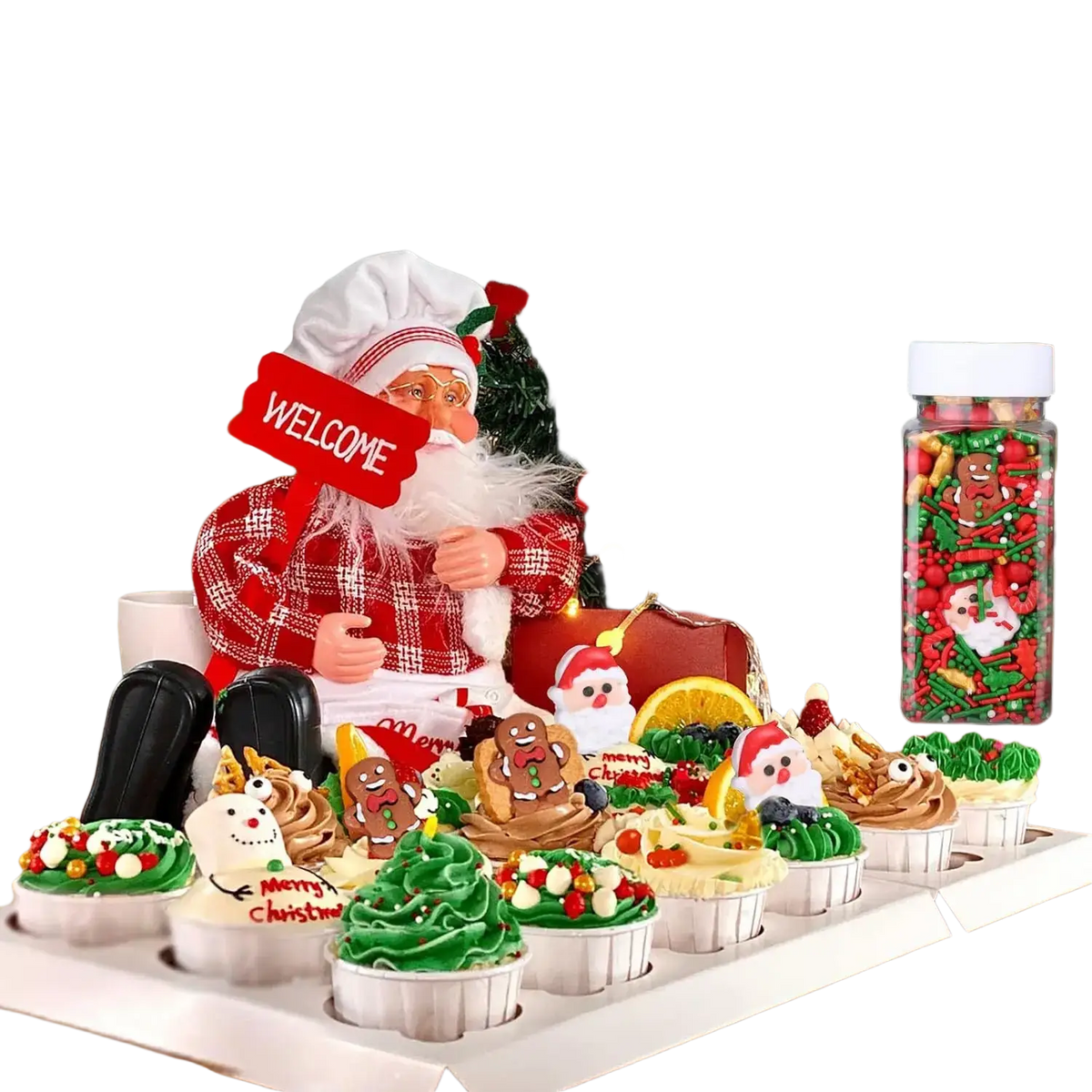 A festive christmas sprinkles mix holiday baking decorations featuring cupcakes with green frosting and gingerbread toppers