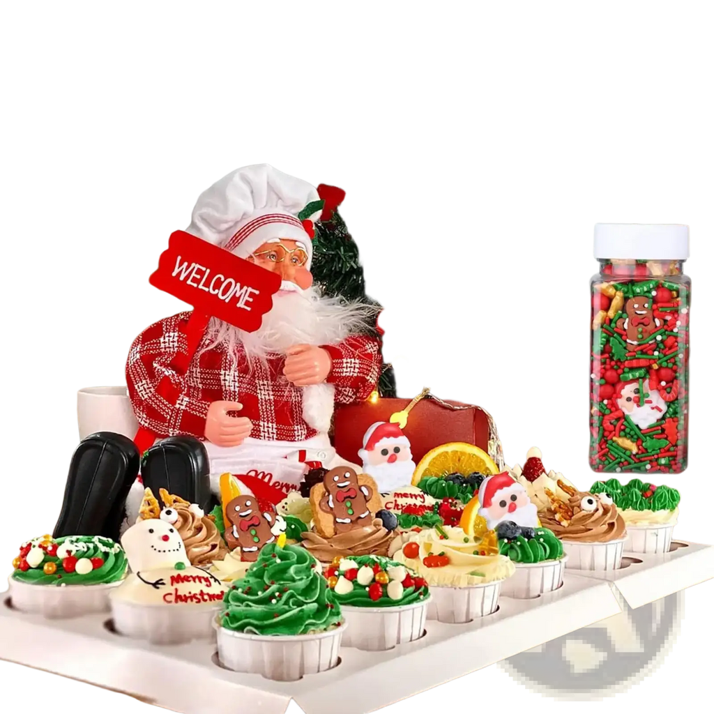 A festive christmas sprinkles mix holiday baking decorations featuring cupcakes with green frosting and gingerbread toppers