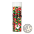 A festive holiday sprinkle jar filled with red green and gold christmas-themed decorations for baking