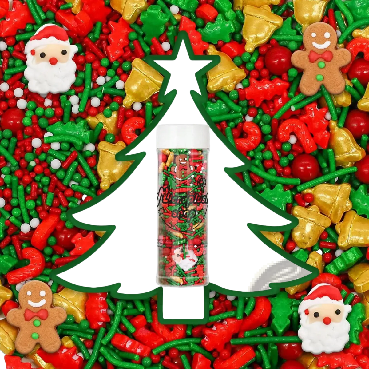 A festive holiday sprinkle jar filled with red green and gold Christmas sprinkles including gingerbread men and Santa faces